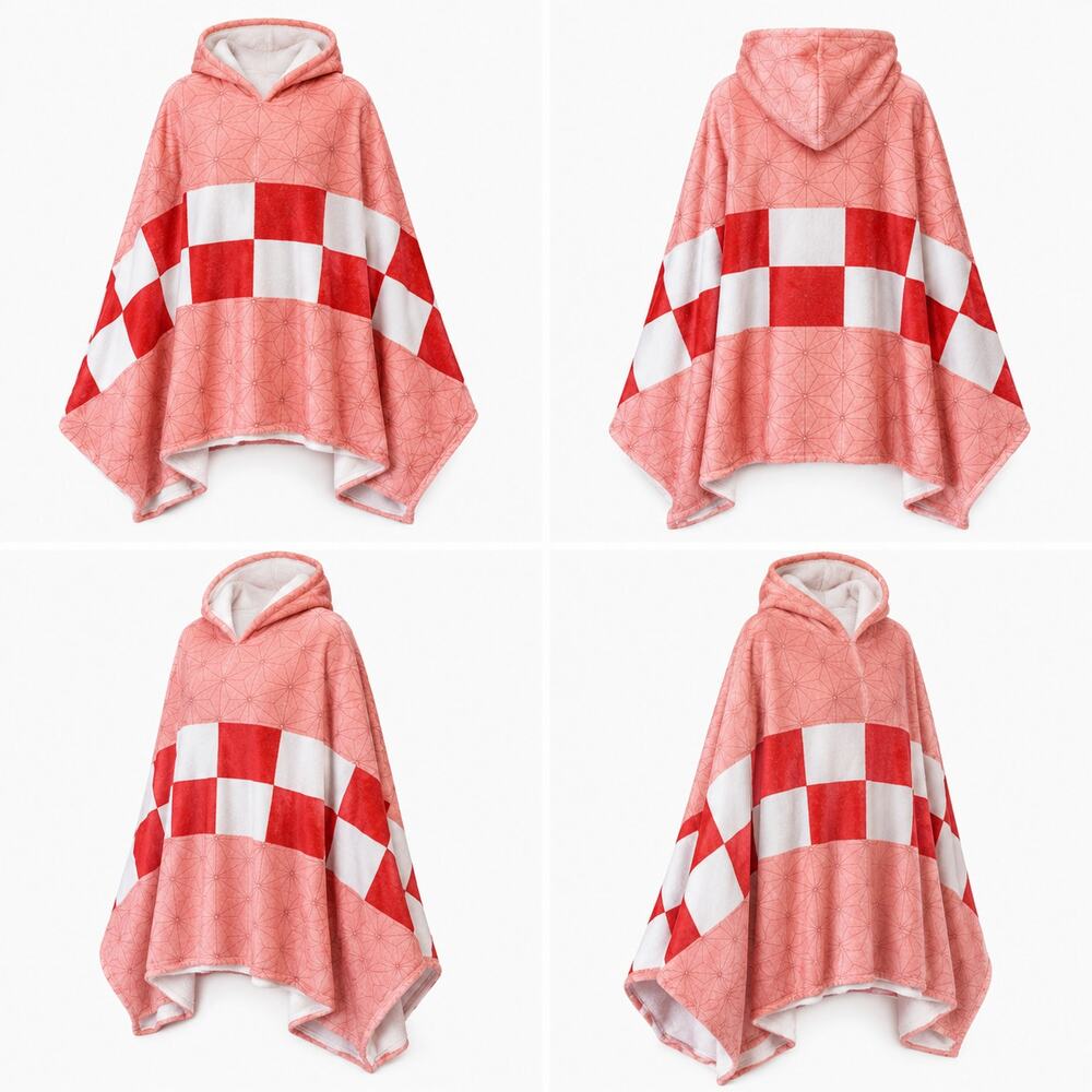 Anime Inspired Pink Hooded Fleece Poncho Blanket Cape Soft Plush Cosplay